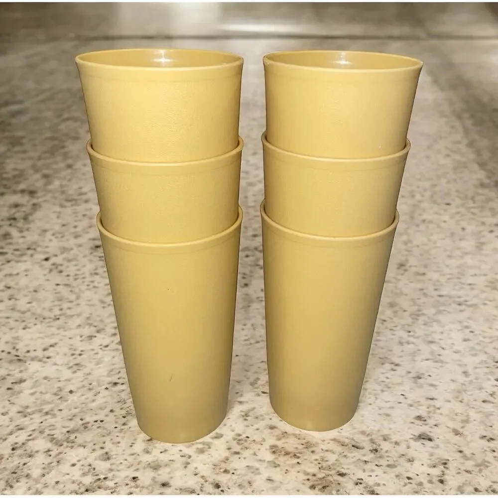 Tupperware 873 Tumbler Cups Lot 6 Harvest Gold 12oz Textured 70s Retro Vintage